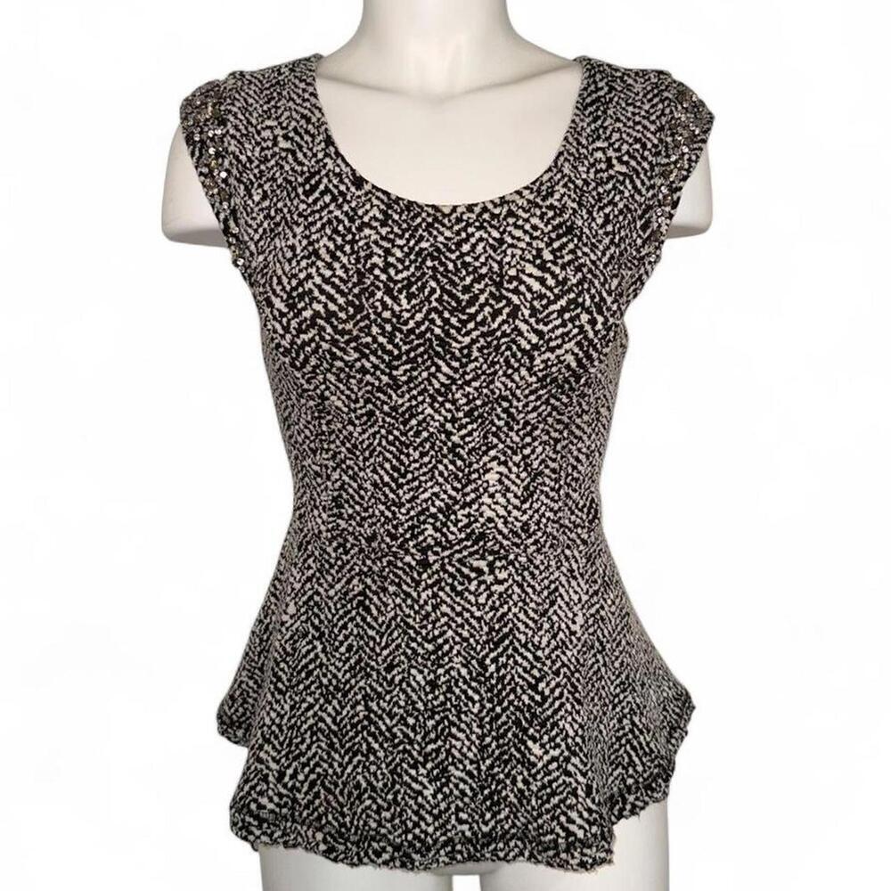 free people black and white peplum top with rhinestone beading